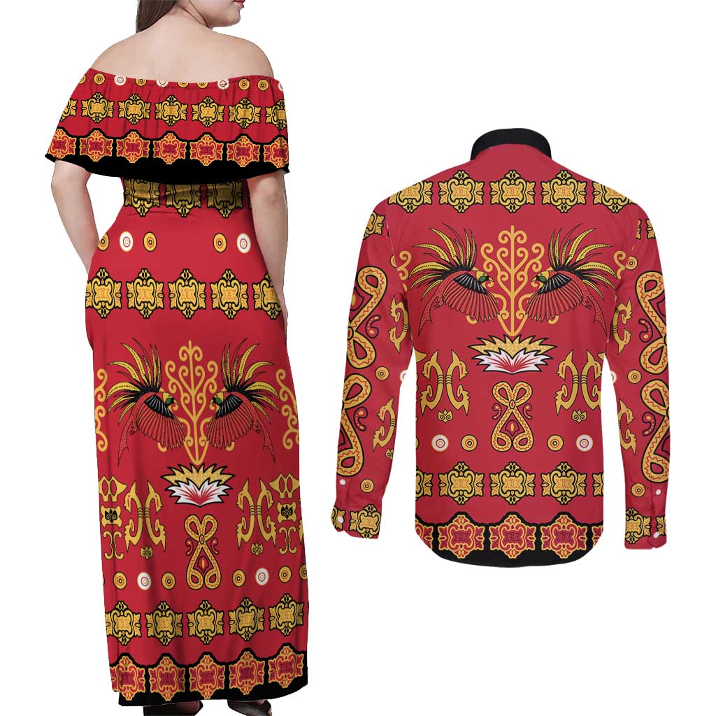 Papua Batik Motif Couples Matching Off Shoulder Maxi Dress and Long Sleeve Button Shirt Papua Spirit Red Version LT05 - Polynesian Pride