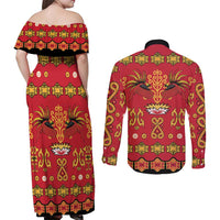 Papua Batik Motif Couples Matching Off Shoulder Maxi Dress and Long Sleeve Button Shirt Papua Spirit Red Version LT05 - Polynesian Pride