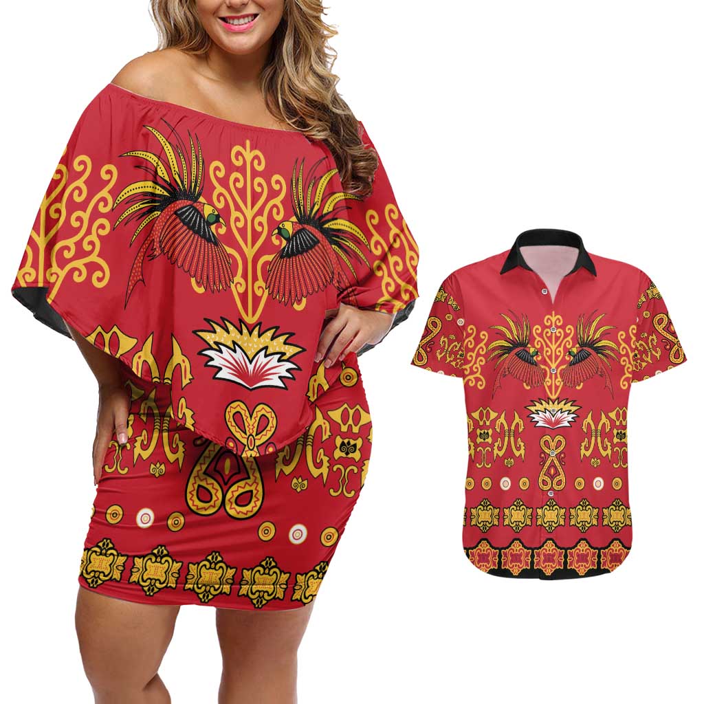 Papua Batik Motif Couples Matching Off Shoulder Short Dress and Hawaiian Shirt Papua Spirit Red Version - Polynesian Pride