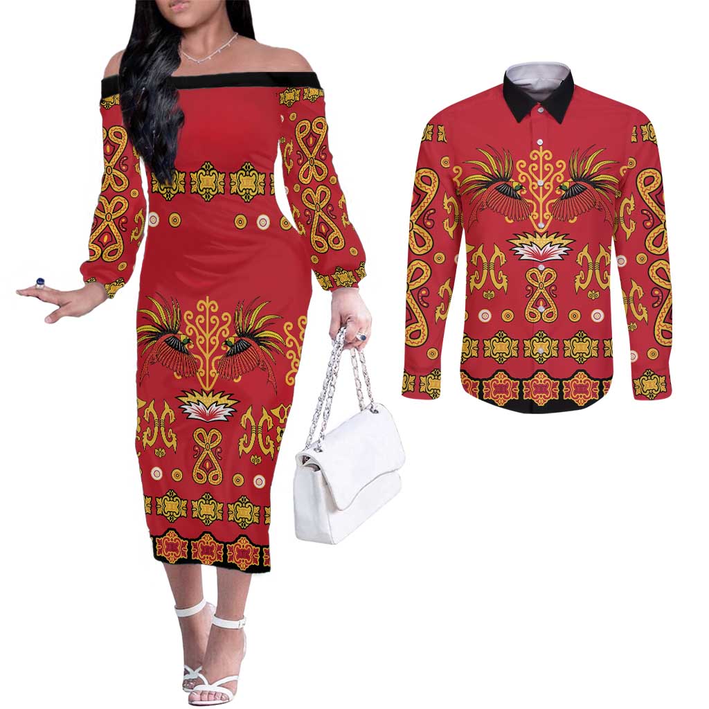 Papua Batik Motif Couples Matching Off The Shoulder Long Sleeve Dress and Long Sleeve Button Shirt Papua Spirit Red Version - Polynesian Pride