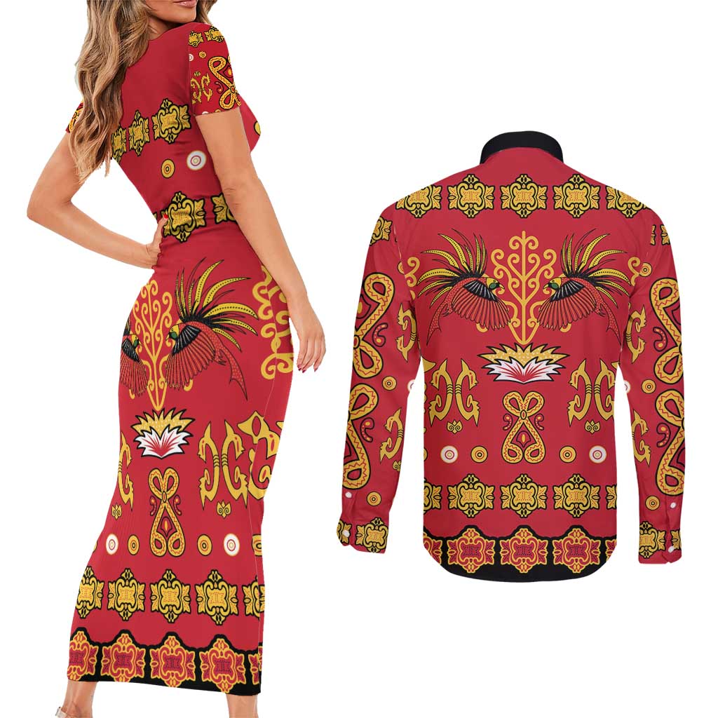 Papua Batik Motif Couples Matching Short Sleeve Bodycon Dress and Long Sleeve Button Shirt Papua Spirit Red Version - Polynesian Pride