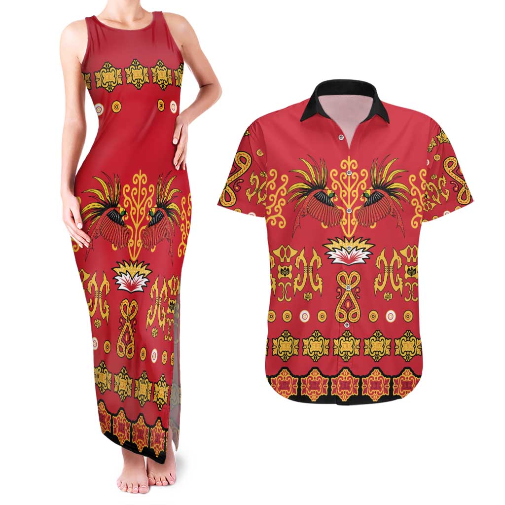 Papua Batik Motif Couples Matching Tank Maxi Dress and Hawaiian Shirt Papua Spirit Red Version - Polynesian Pride