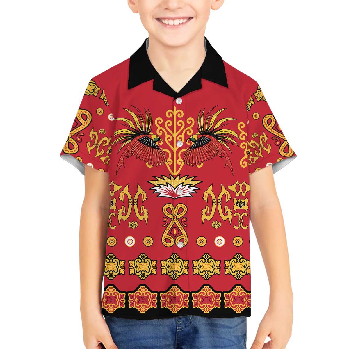 Papua Batik Motif Family Matching Off The Shoulder Long Sleeve Dress and Hawaiian Shirt Papua Spirit Red Version - Polynesian Pride