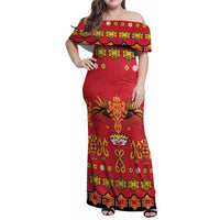 Papua Batik Motif Family Matching Off Shoulder Maxi Dress and Hawaiian Shirt Papua Spirit Red Version - Polynesian Pride