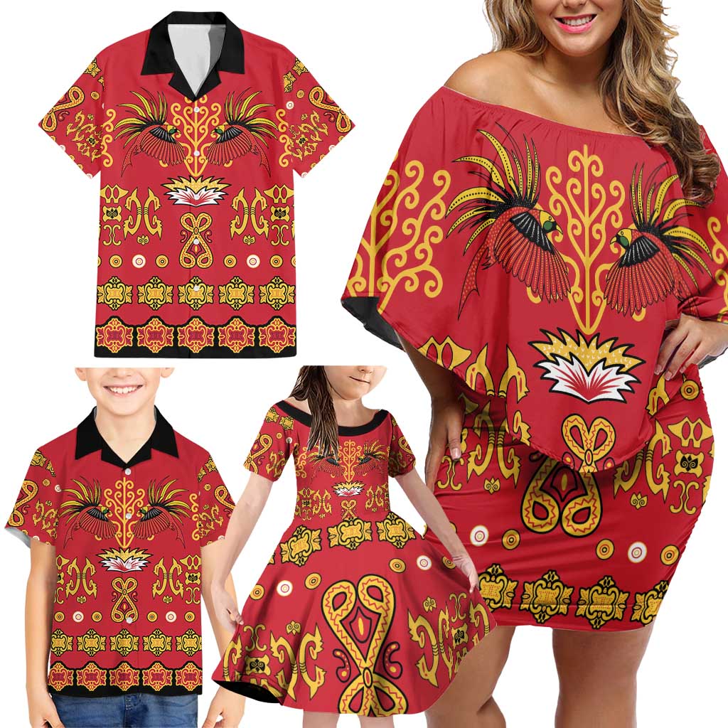 Papua Batik Motif Family Matching Off Shoulder Short Dress and Hawaiian Shirt Papua Spirit Red Version - Polynesian Pride