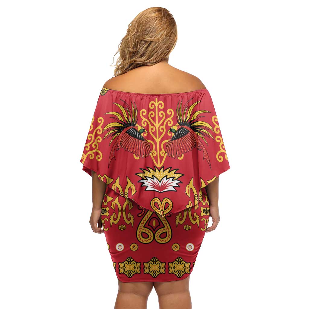 Papua Batik Motif Family Matching Off Shoulder Short Dress and Hawaiian Shirt Papua Spirit Red Version - Polynesian Pride
