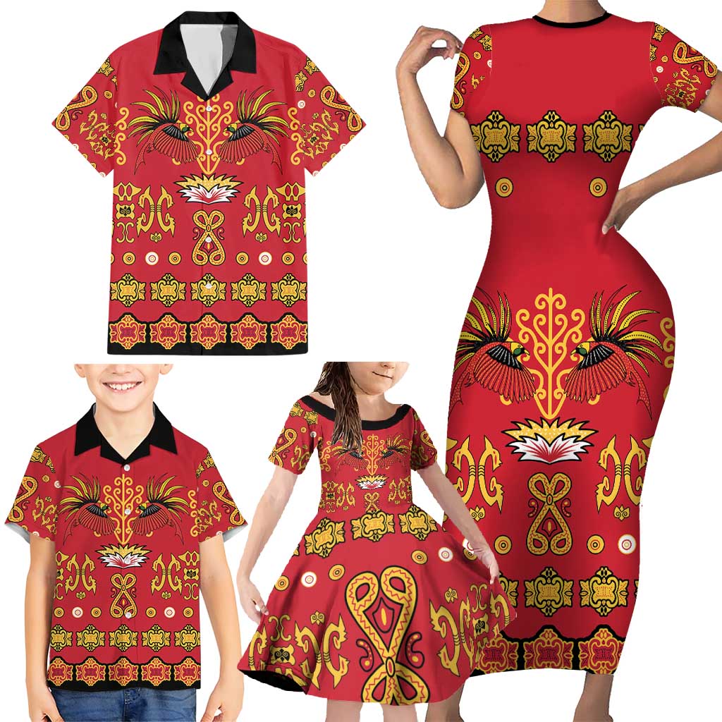 Papua Batik Motif Family Matching Short Sleeve Bodycon Dress and Hawaiian Shirt Papua Spirit Red Version - Polynesian Pride