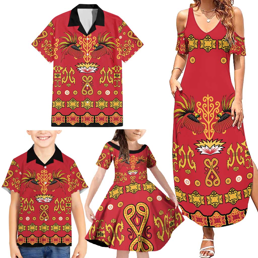 Papua Batik Motif Family Matching Summer Maxi Dress and Hawaiian Shirt Papua Spirit Red Version - Polynesian Pride