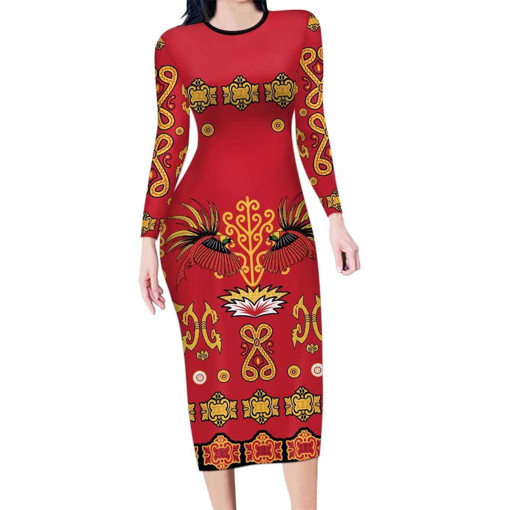 Papua Batik Motif Long Sleeve Bodycon Dress Papua Spirit Red Version - Polynesian Pride