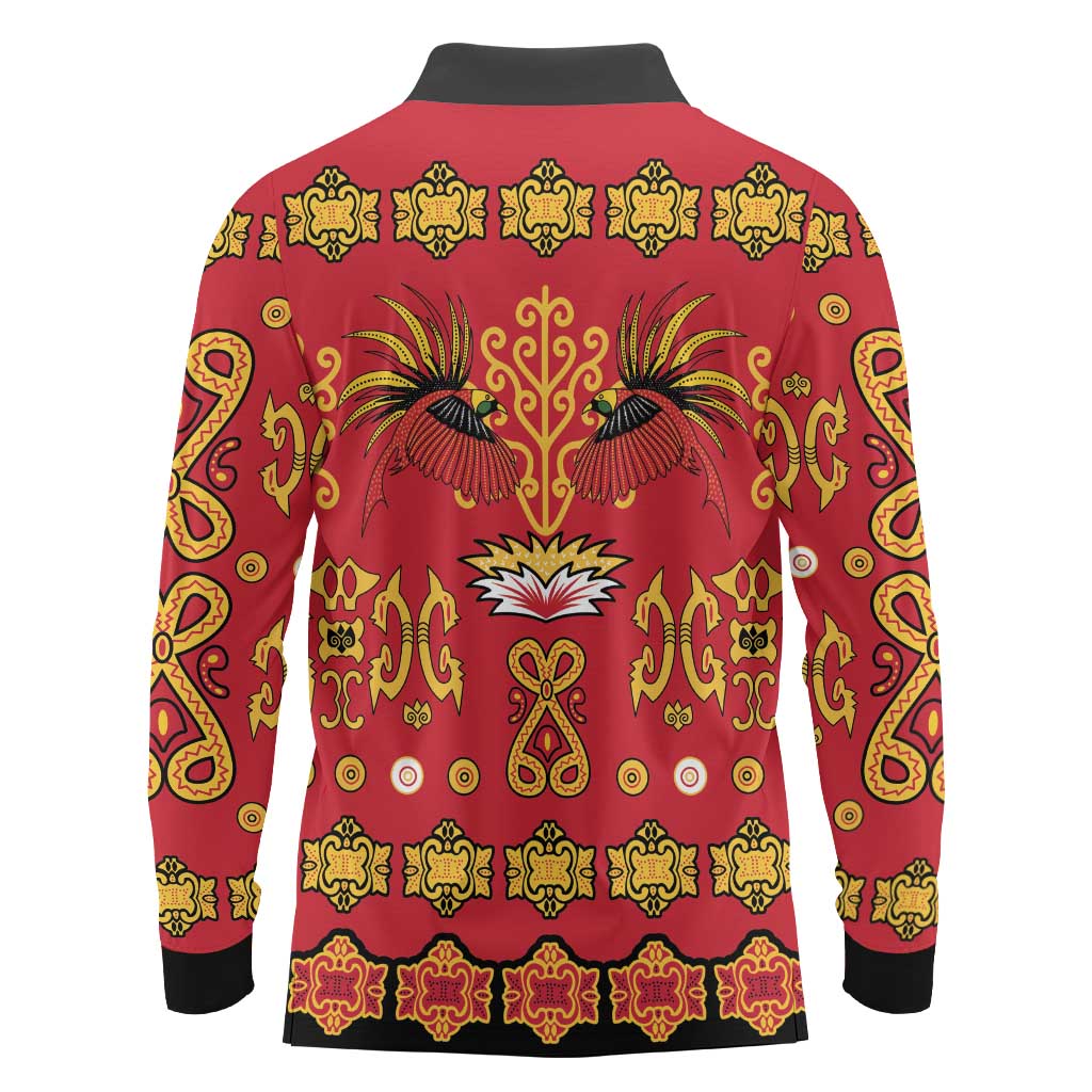 Papua Batik Motif Long Sleeve Polo Shirt Papua Spirit Red Version - Polynesian Pride