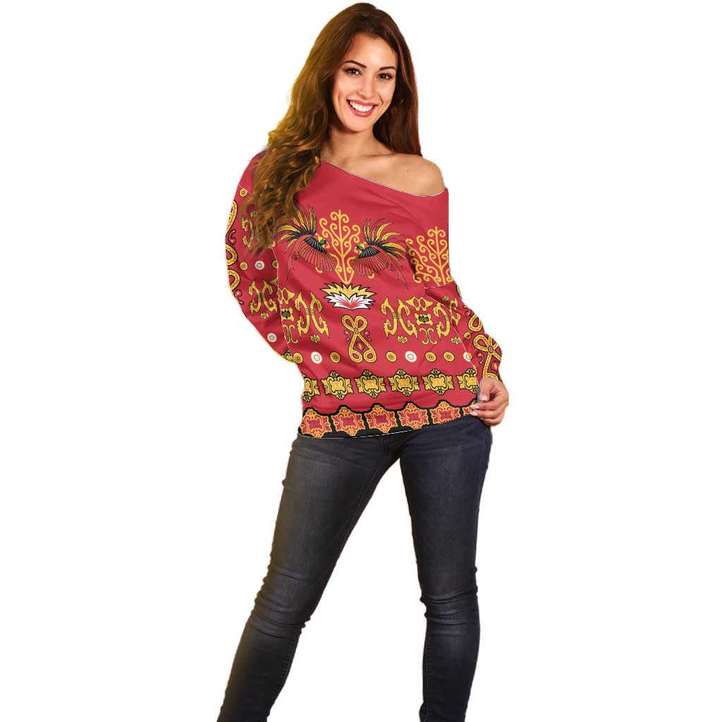 Papua Batik Motif Off Shoulder Sweater Papua Spirit Red Version - Polynesian Pride
