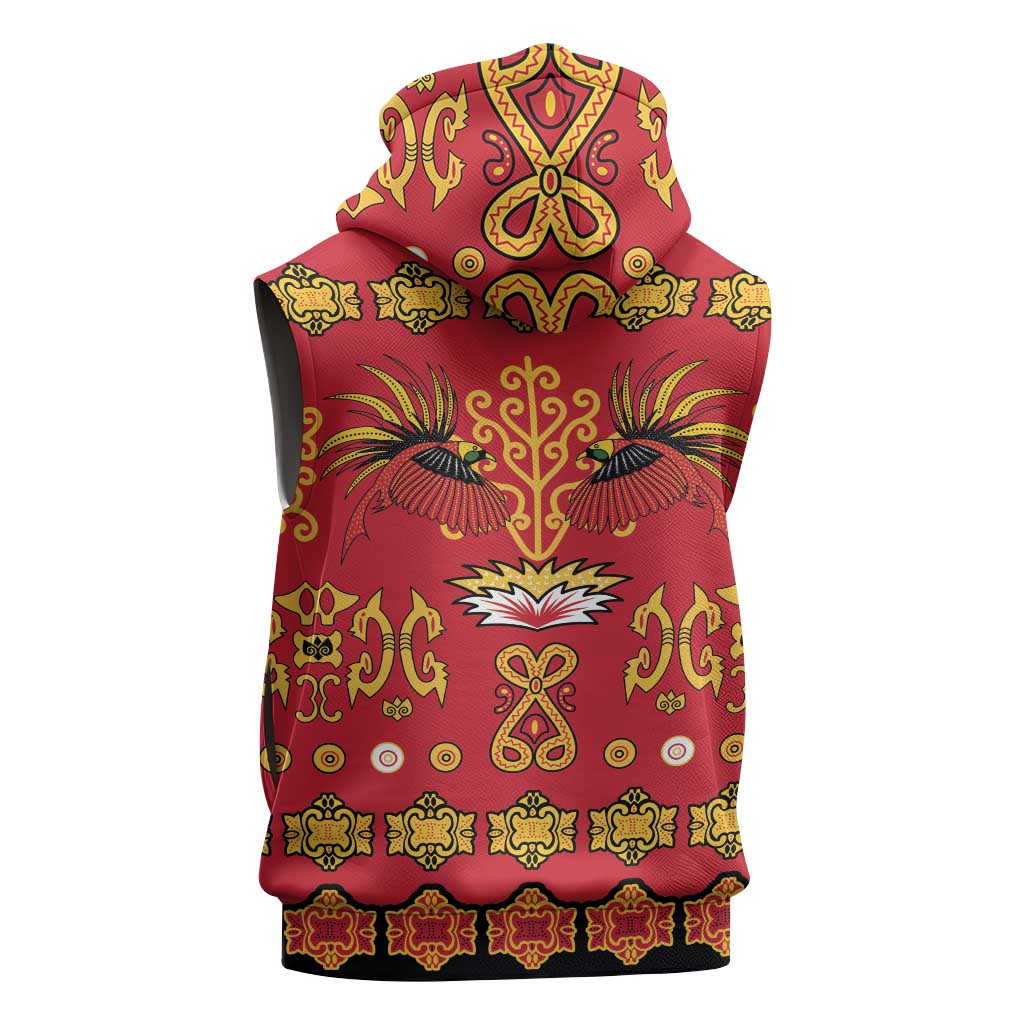 Papua Batik Motif Sleeveless Zip Hoodie Papua Spirit Red Version - Polynesian Pride