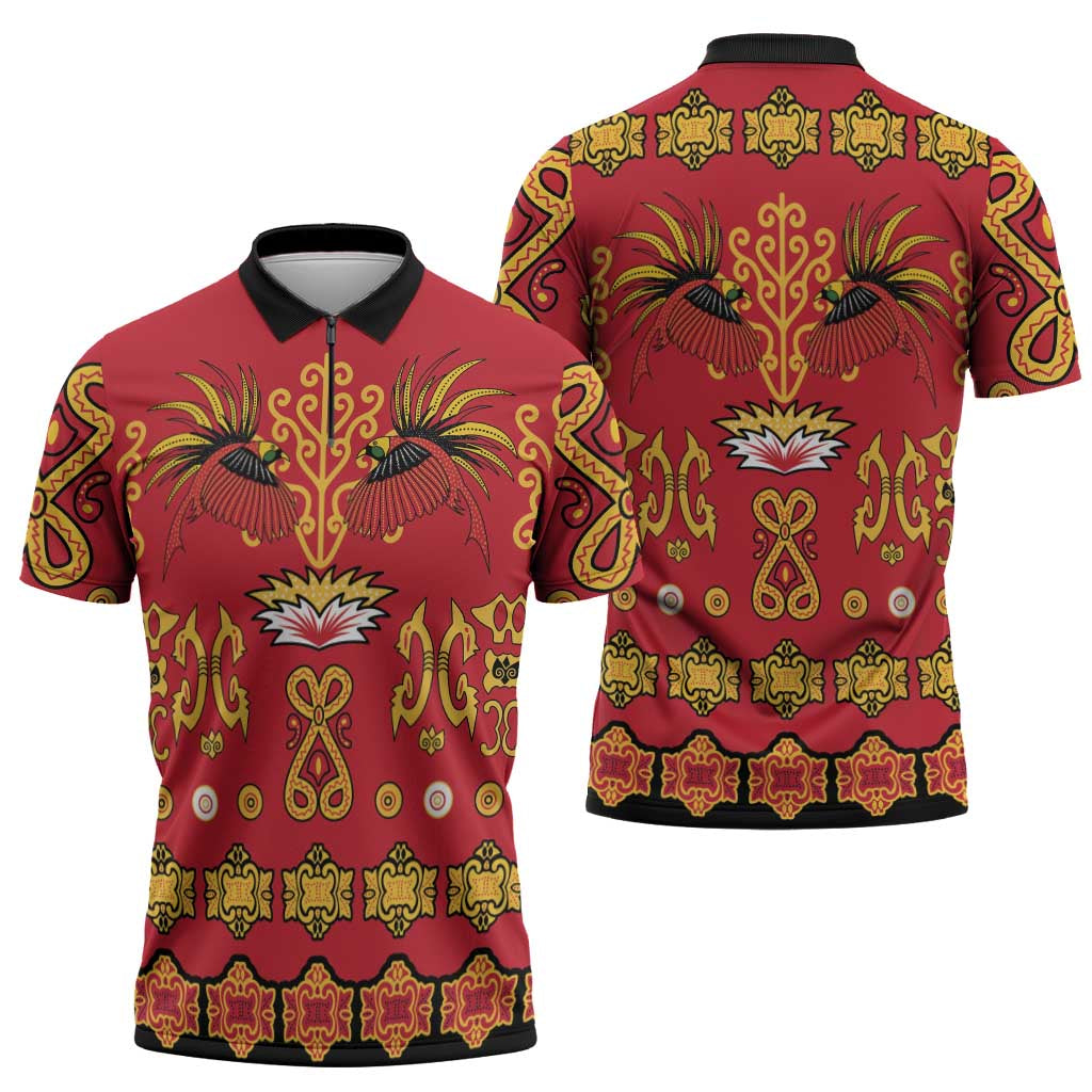 Papua Batik Motif Zipper Polo Shirt Papua Spirit Red Version - Polynesian Pride