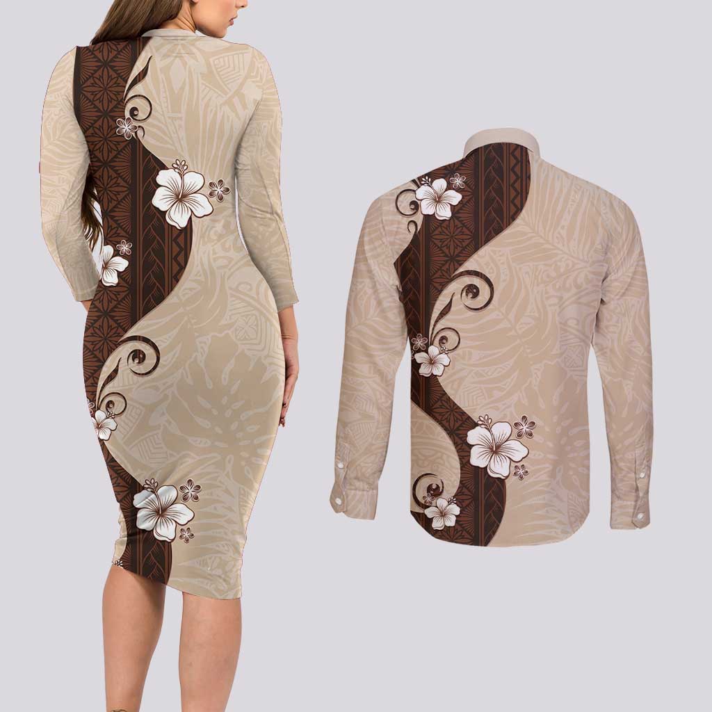 Polynesia Hibiscus Couples Matching Long Sleeve Bodycon Dress and Long Sleeve Button Shirt Cameo Curve Motif - Polynesian Pride