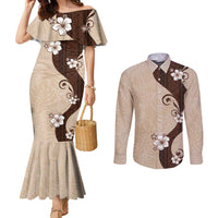 Polynesia Hibiscus Couples Matching Mermaid Dress and Long Sleeve Button Shirt Cameo Curve Motif - Polynesian Pride