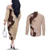 Polynesia Hibiscus Couples Matching Off The Shoulder Long Sleeve Dress and Long Sleeve Button Shirt Cameo Curve Motif - Polynesian Pride