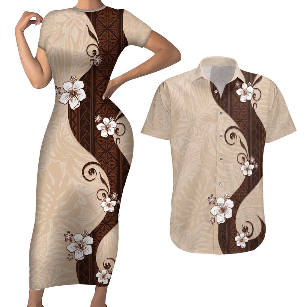 Polynesia Hibiscus Couples Matching Short Sleeve Bodycon Dress and Hawaiian Shirt Cameo Curve Motif - Polynesian Pride