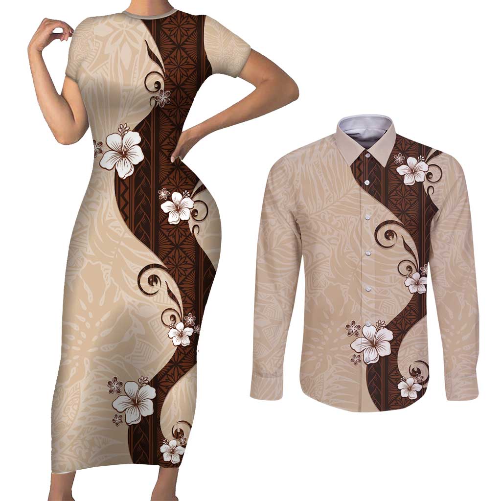 Polynesia Hibiscus Couples Matching Short Sleeve Bodycon Dress and Long Sleeve Button Shirt Cameo Curve Motif LT05 Beige - Polynesian Pride