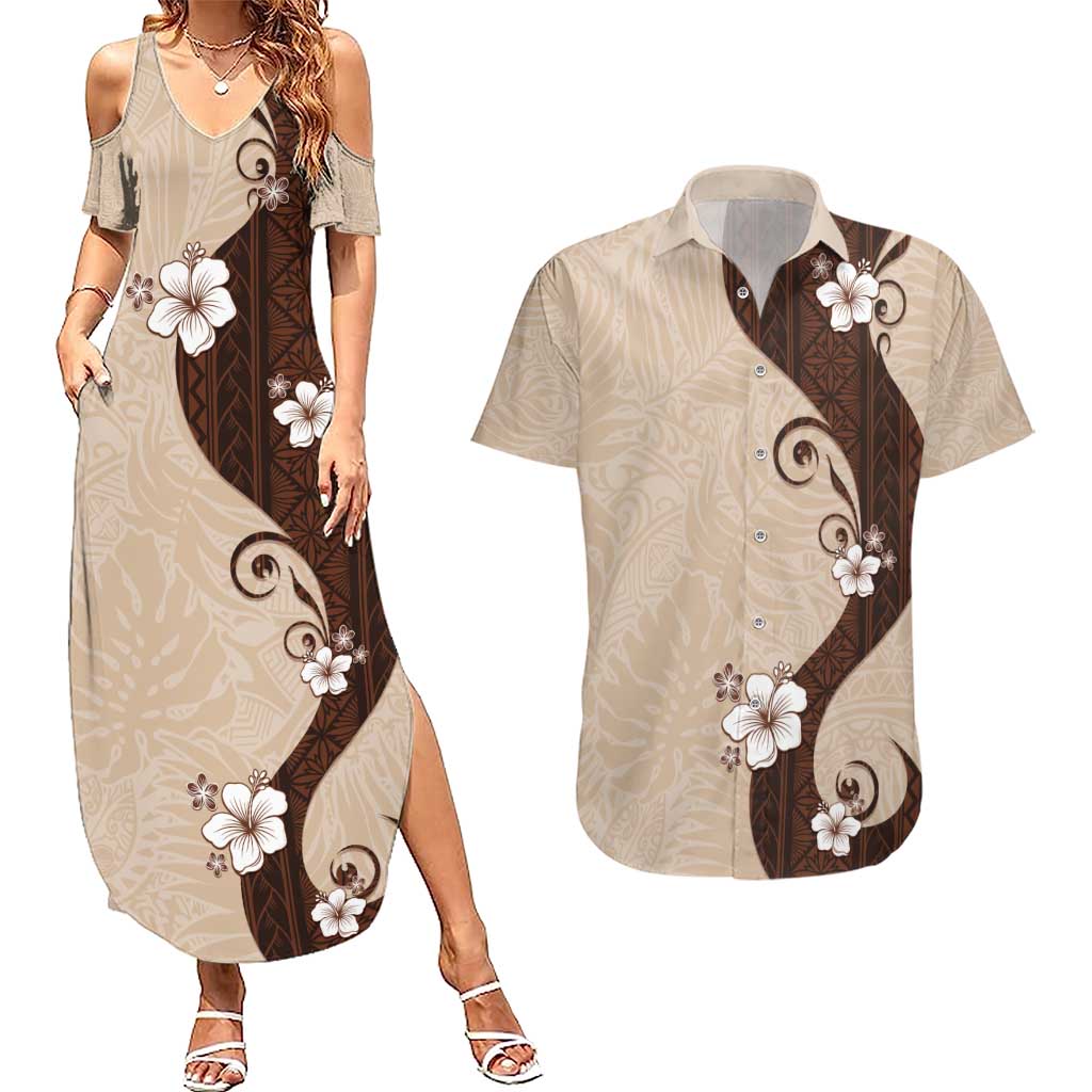 Polynesia Hibiscus Couples Matching Summer Maxi Dress and Hawaiian Shirt Cameo Curve Motif - Polynesian Pride