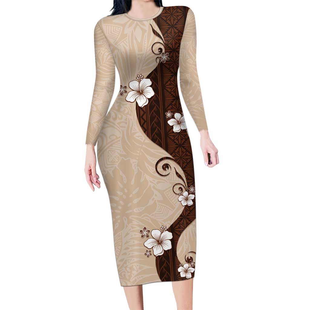 Polynesia Hibiscus Family Matching Long Sleeve Bodycon Dress and Hawaiian Shirt Cameo Curve Motif - Polynesian Pride