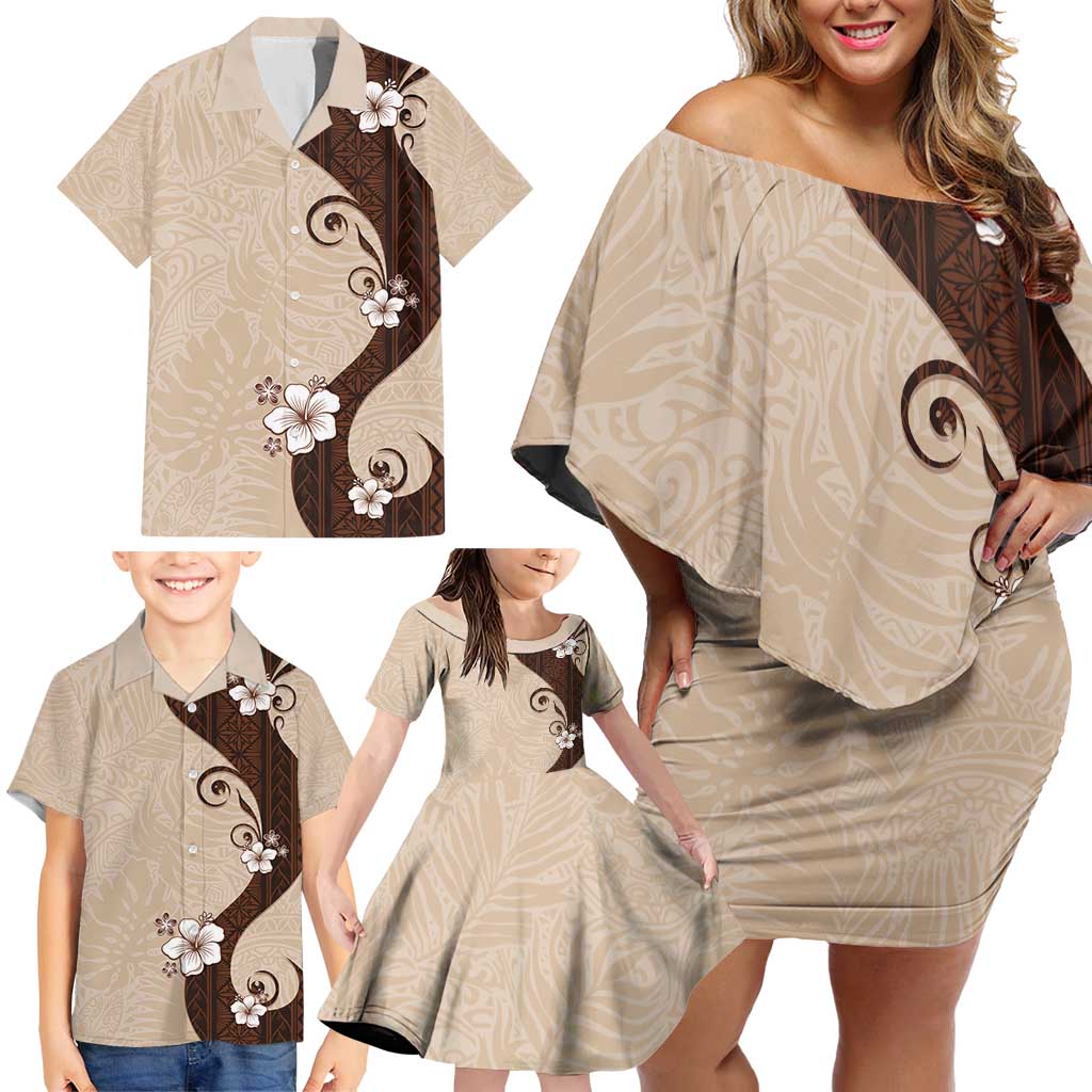 Polynesia Hibiscus Family Matching Off Shoulder Short Dress and Hawaiian Shirt Cameo Curve Motif - Polynesian Pride