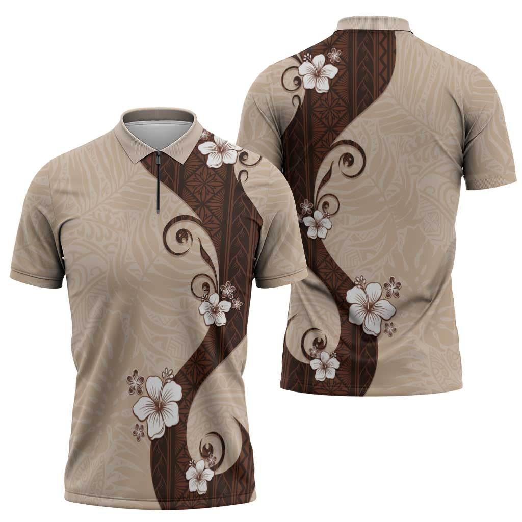 Polynesia Hibiscus Zipper Polo Shirt Cameo Curve Motif - Polynesian Pride