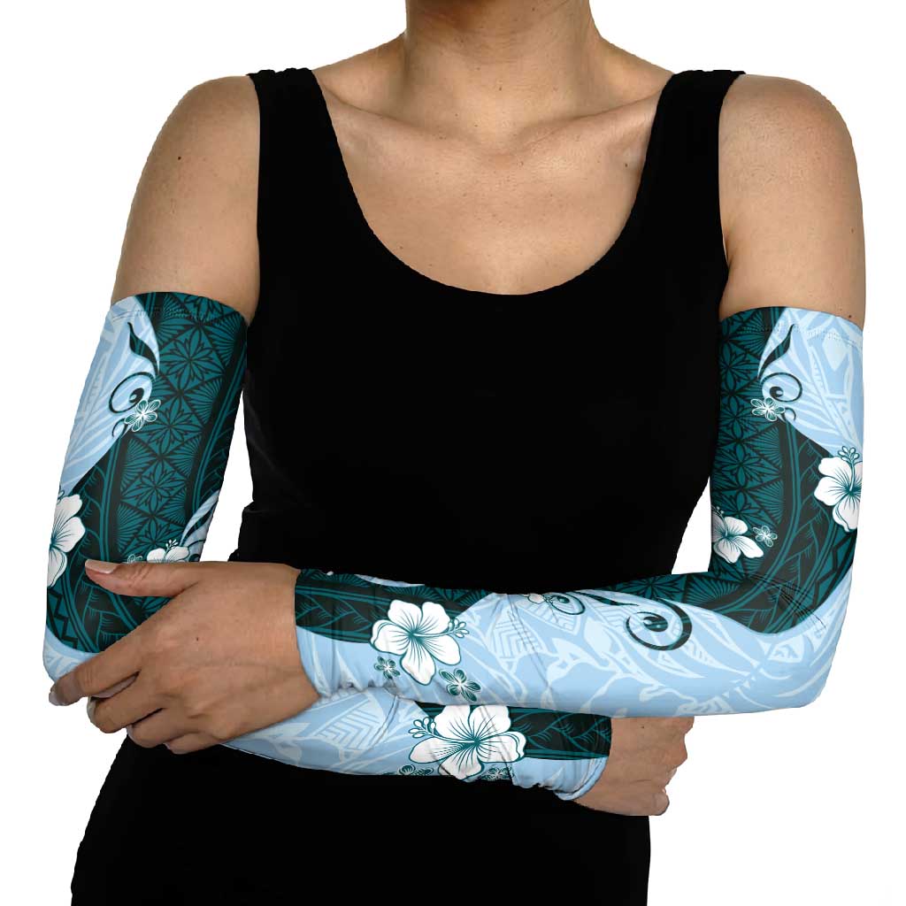 Polynesia Hibiscus Arm Sleeves Sky Blue Curve Motif - Polynesian Pride