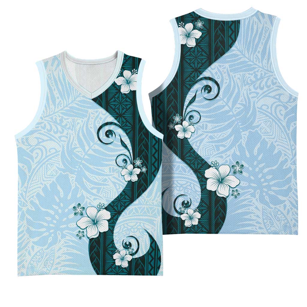 Polynesia Hibiscus Basketball Jersey Sky Blue Curve Motif - Polynesian Pride