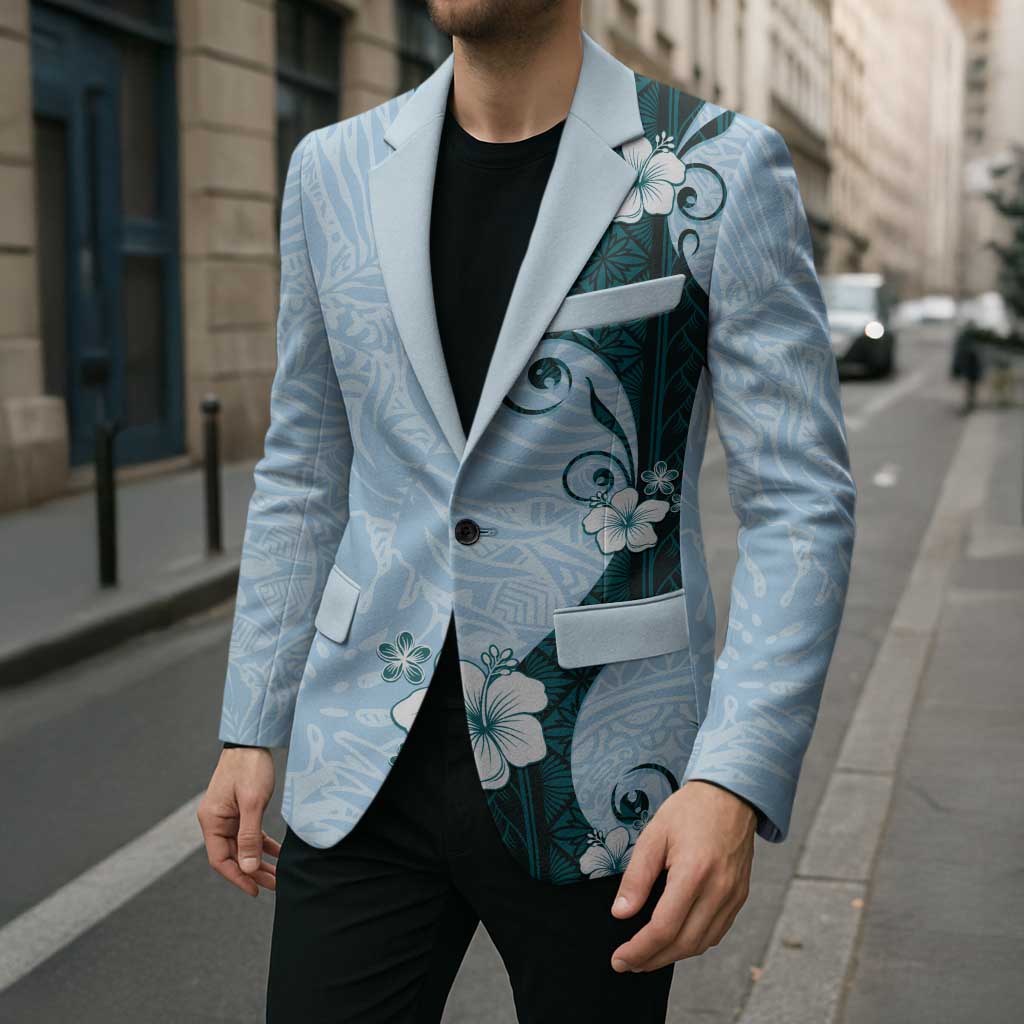 Polynesia Hibiscus Blazer Sky Blue Curve Motif - Polynesian Pride