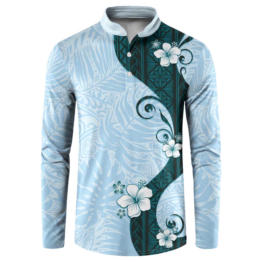 Polynesia Hibiscus Button Sweatshirt Sky Blue Curve Motif - Polynesian Pride