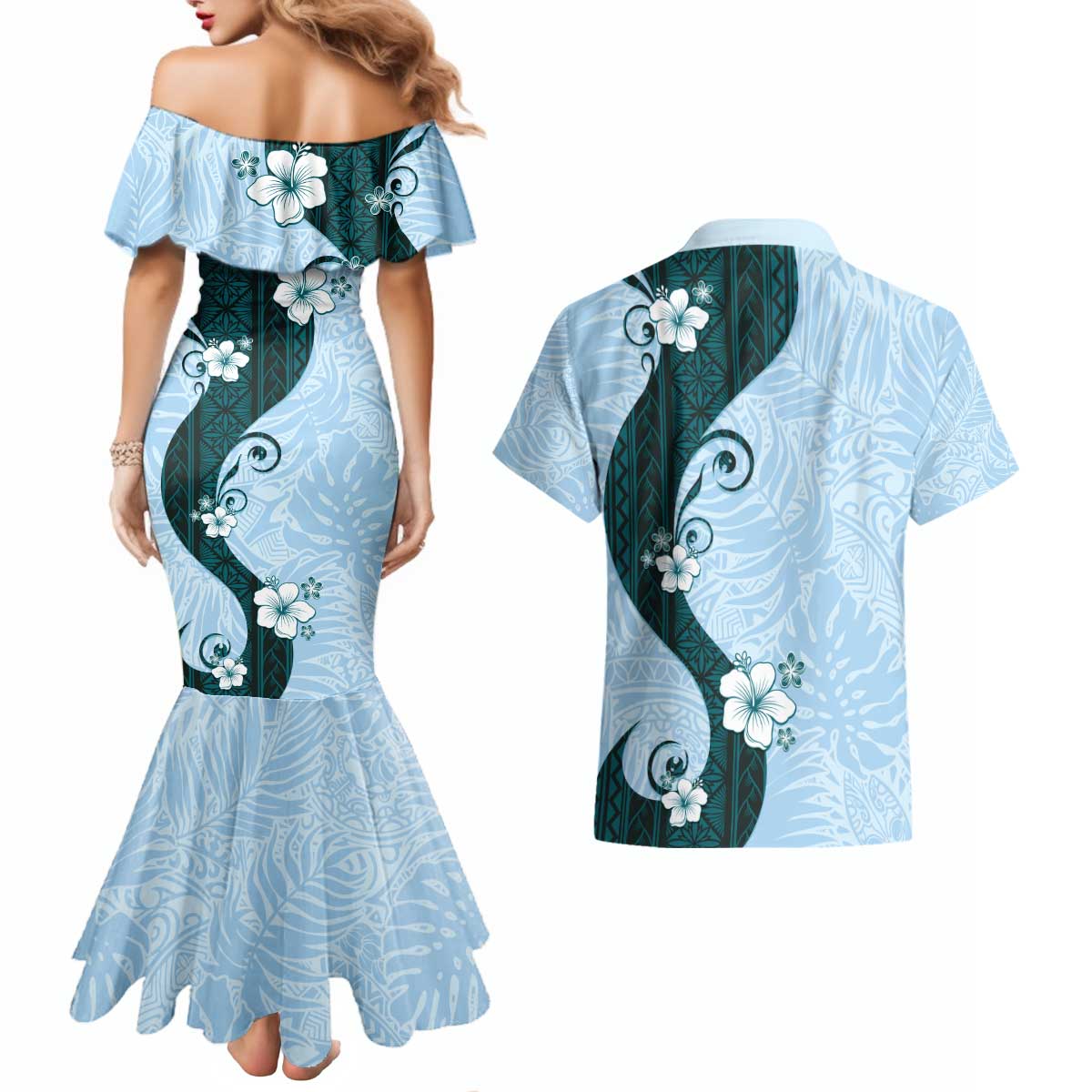 Polynesia Hibiscus Couples Matching Mermaid Dress and Hawaiian Shirt Sky Blue Curve Motif - Polynesian Pride