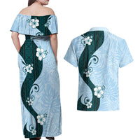 Polynesia Hibiscus Couples Matching Off Shoulder Maxi Dress and Hawaiian Shirt Sky Blue Curve Motif - Polynesian Pride