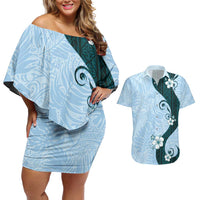 Polynesia Hibiscus Couples Matching Off Shoulder Short Dress and Hawaiian Shirt Sky Blue Curve Motif - Polynesian Pride