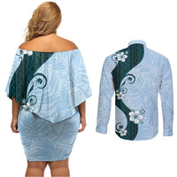 Polynesia Hibiscus Couples Matching Off Shoulder Short Dress and Long Sleeve Button Shirt Sky Blue Curve Motif - Polynesian Pride