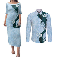 Polynesia Hibiscus Couples Matching Puletasi and Long Sleeve Button Shirt Sky Blue Curve Motif - Polynesian Pride