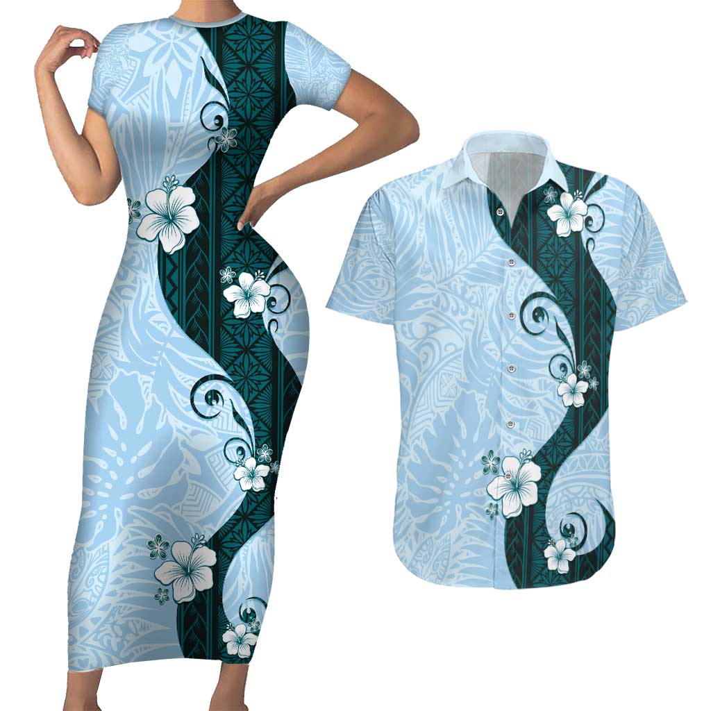 Polynesia Hibiscus Couples Matching Short Sleeve Bodycon Dress and Hawaiian Shirt Sky Blue Curve Motif - Polynesian Pride