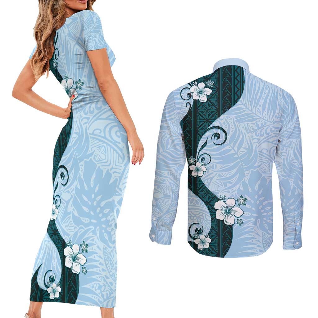 Polynesia Hibiscus Couples Matching Short Sleeve Bodycon Dress and Long Sleeve Button Shirt Sky Blue Curve Motif - Polynesian Pride