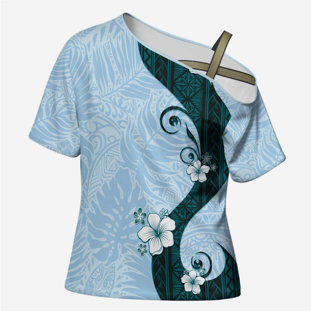 Polynesia Hibiscus Cross Shoulder Shirt Sky Blue Curve Motif - Polynesian Pride