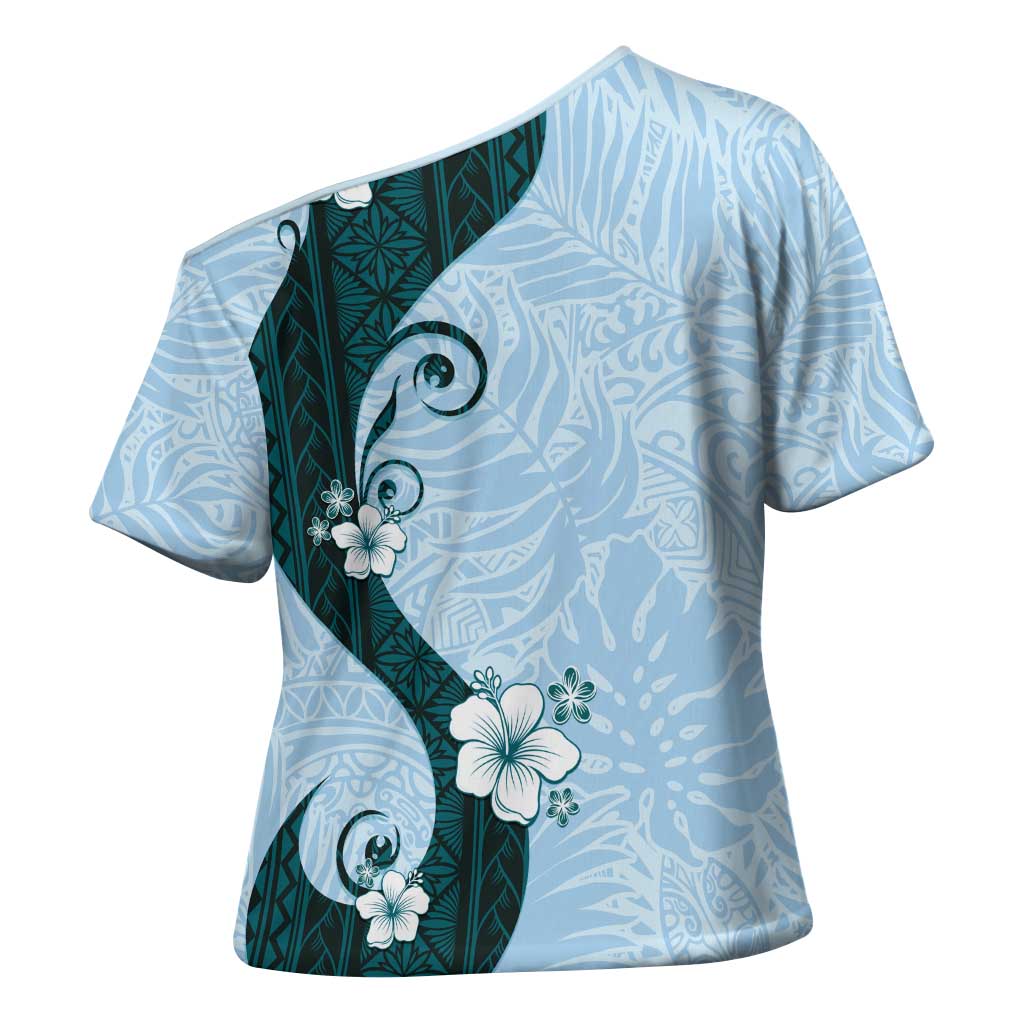 Polynesia Hibiscus Cross Shoulder Shirt Sky Blue Curve Motif - Polynesian Pride