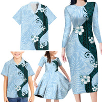 Polynesia Hibiscus Family Matching Long Sleeve Bodycon Dress and Hawaiian Shirt Sky Blue Curve Motif - Polynesian Pride