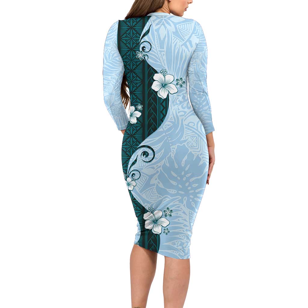 Polynesia Hibiscus Family Matching Long Sleeve Bodycon Dress and Hawaiian Shirt Sky Blue Curve Motif - Polynesian Pride