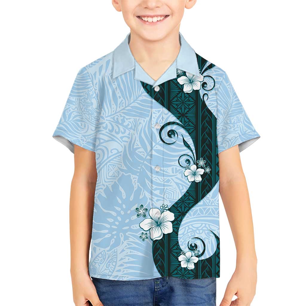 Polynesia Hibiscus Family Matching Long Sleeve Bodycon Dress and Hawaiian Shirt Sky Blue Curve Motif - Polynesian Pride