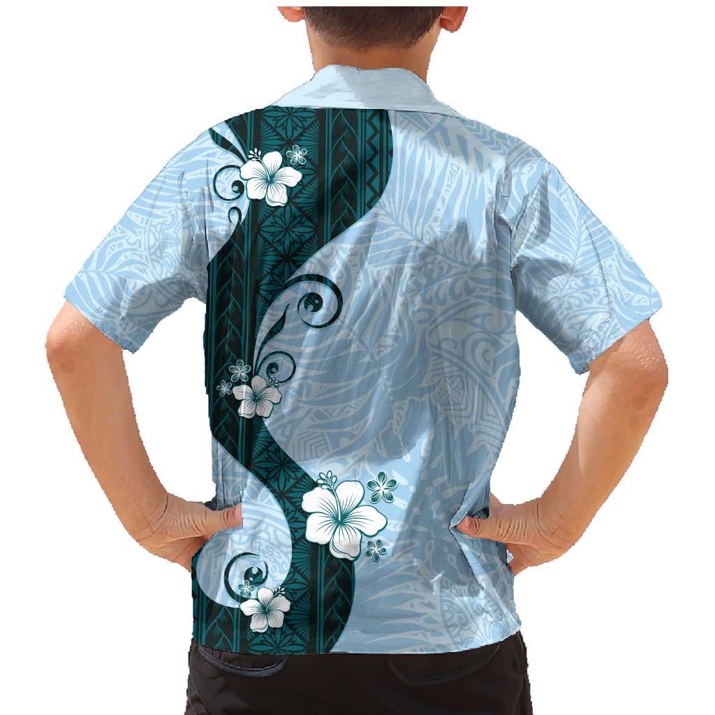 Polynesia Hibiscus Family Matching Mermaid Dress and Hawaiian Shirt Sky Blue Curve Motif - Polynesian Pride