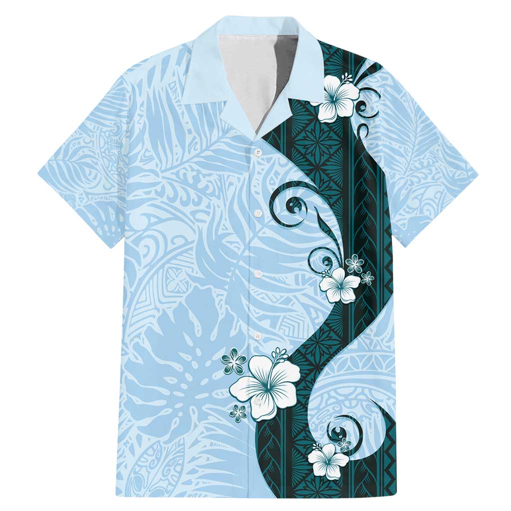 Polynesia Hibiscus Family Matching Mermaid Dress and Hawaiian Shirt Sky Blue Curve Motif - Polynesian Pride