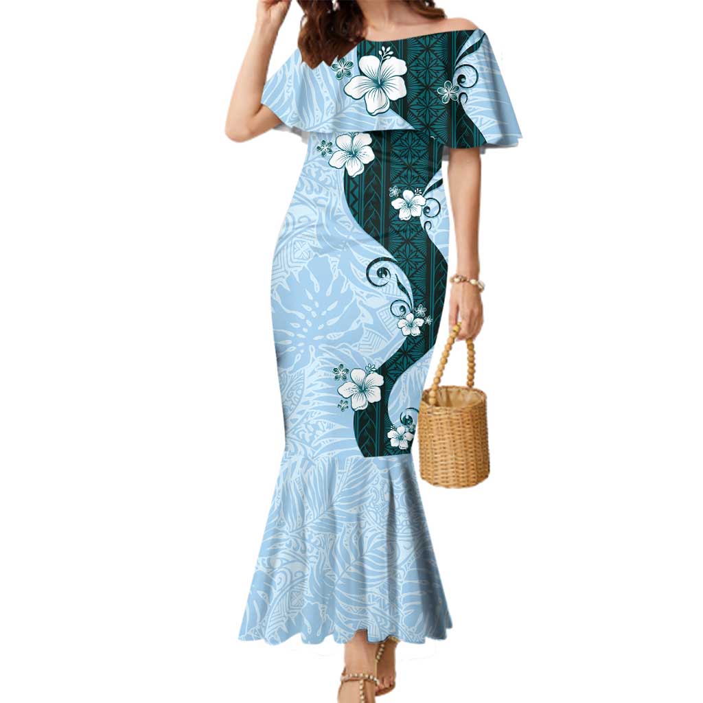Polynesia Hibiscus Family Matching Mermaid Dress and Hawaiian Shirt Sky Blue Curve Motif - Polynesian Pride