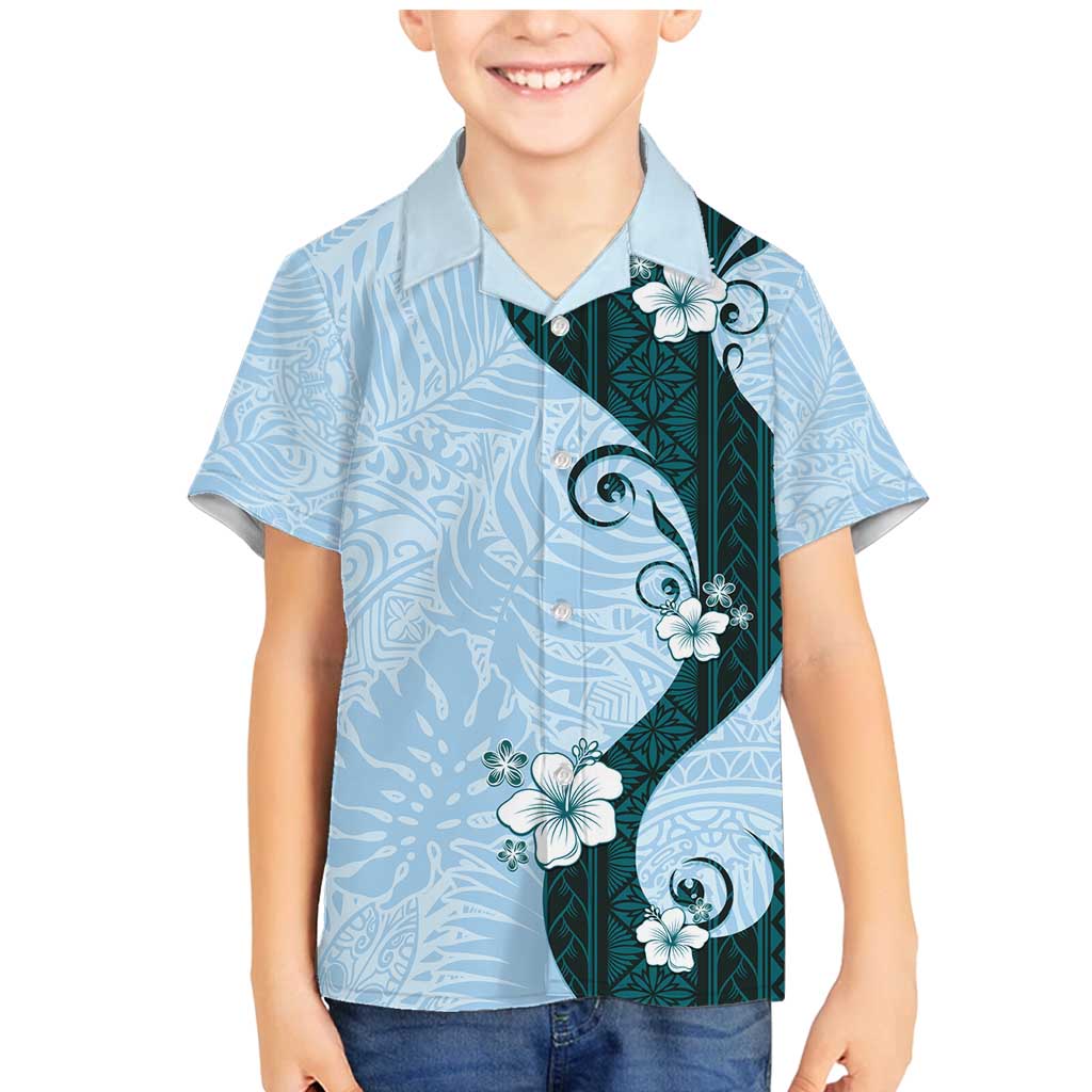Polynesia Hibiscus Family Matching Mermaid Dress and Hawaiian Shirt Sky Blue Curve Motif - Polynesian Pride
