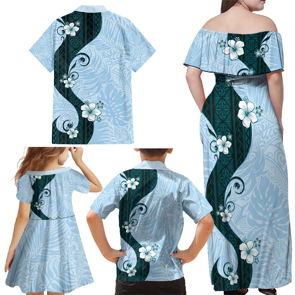 Polynesia Hibiscus Family Matching Off Shoulder Maxi Dress and Hawaiian Shirt Sky Blue Curve Motif - Polynesian Pride