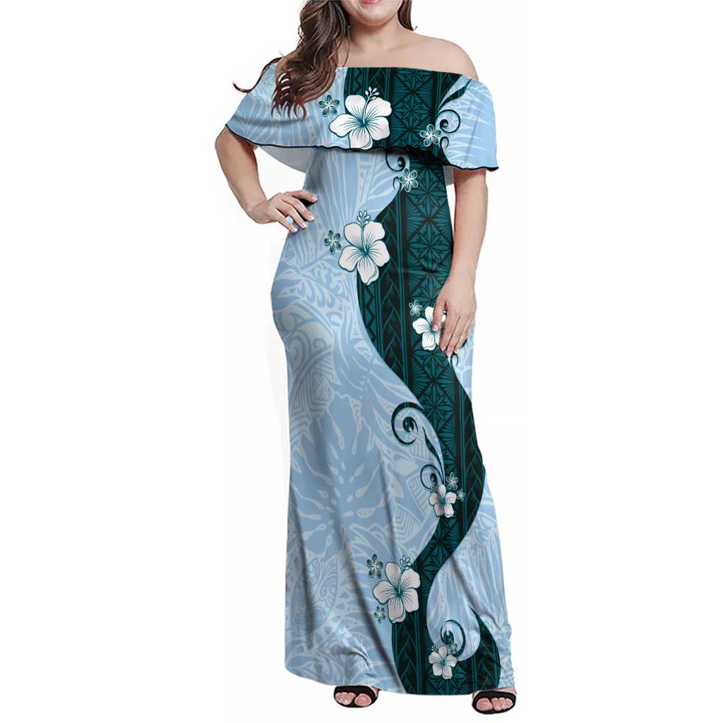Polynesia Hibiscus Family Matching Off Shoulder Maxi Dress and Hawaiian Shirt Sky Blue Curve Motif - Polynesian Pride