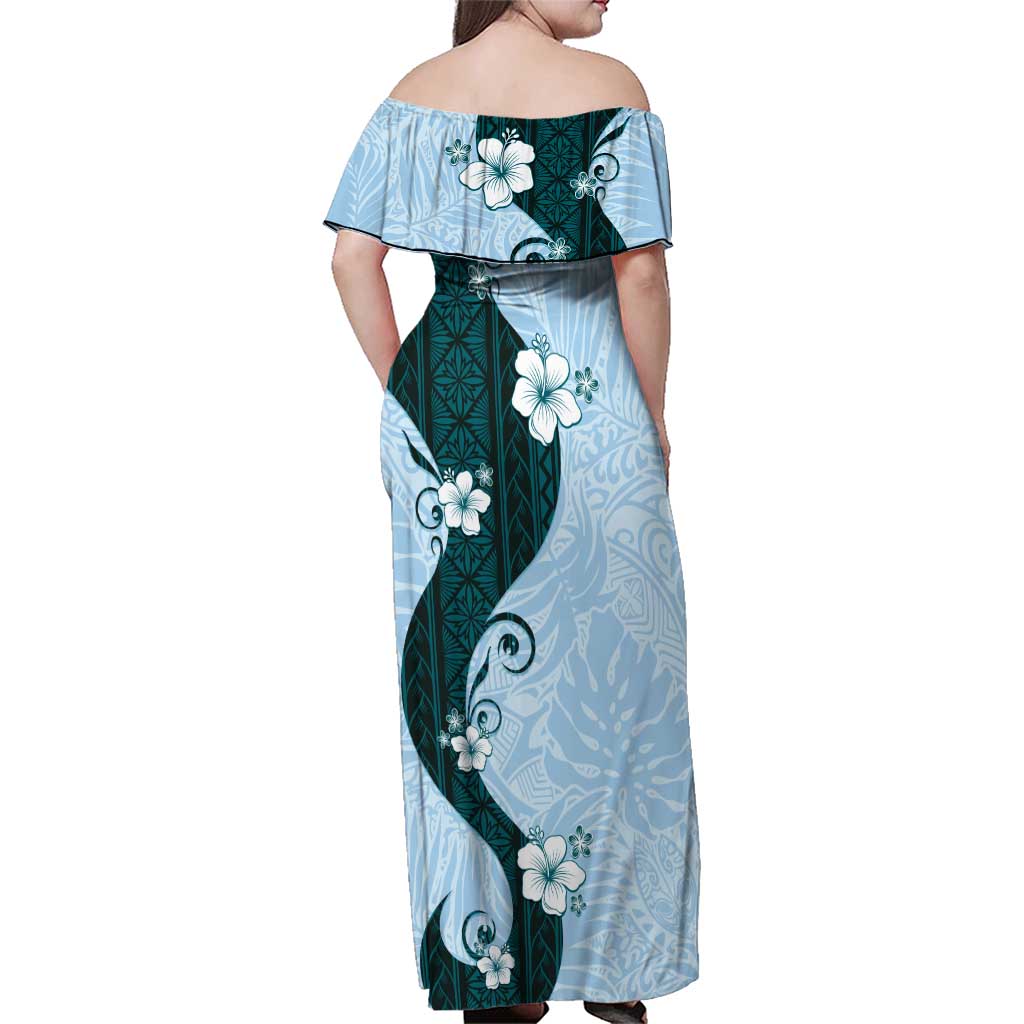 Polynesia Hibiscus Family Matching Off Shoulder Maxi Dress and Hawaiian Shirt Sky Blue Curve Motif - Polynesian Pride