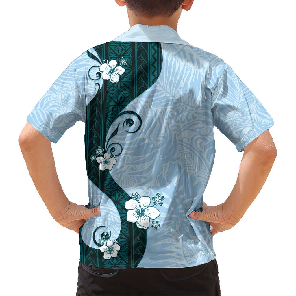 Polynesia Hibiscus Family Matching Puletasi and Hawaiian Shirt Sky Blue Curve Motif LT05 - Polynesian Pride